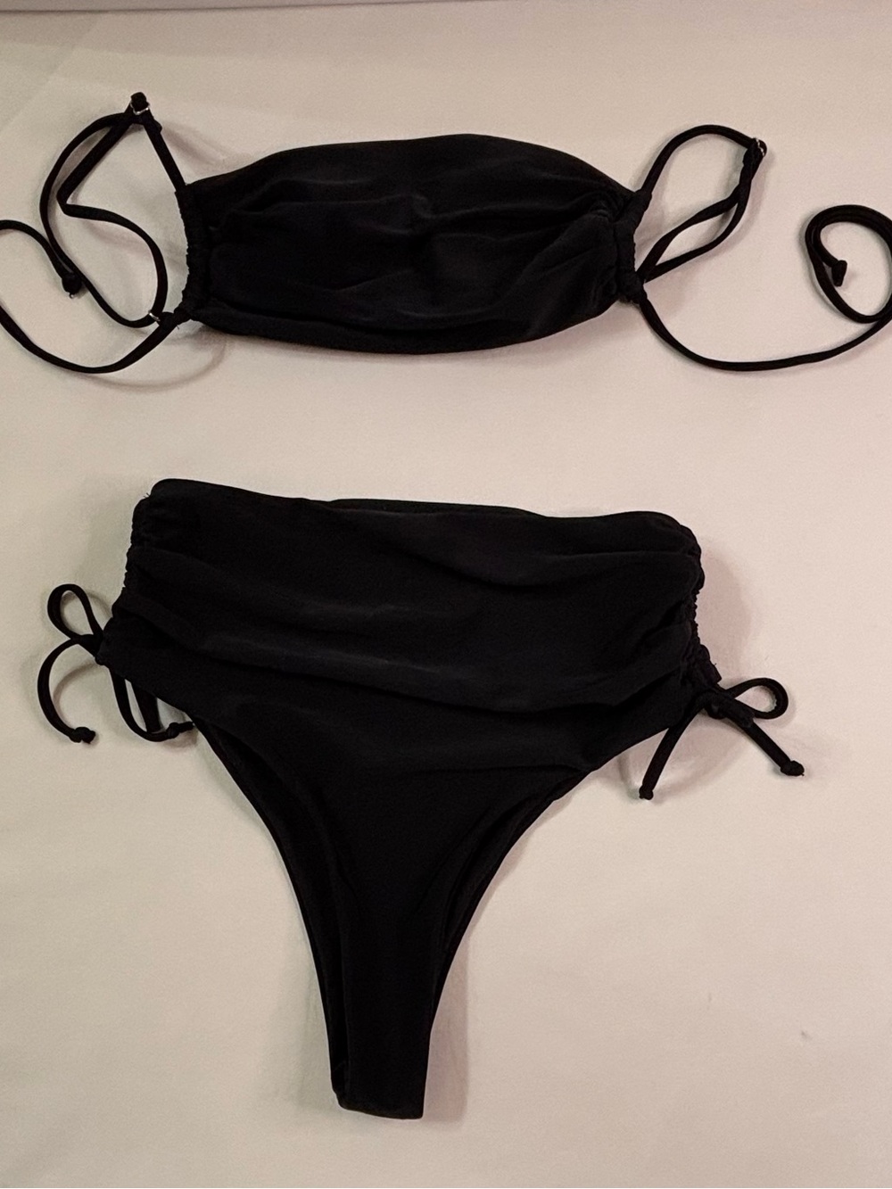 SHEIN Black High Waist Ruched String Bikini Set